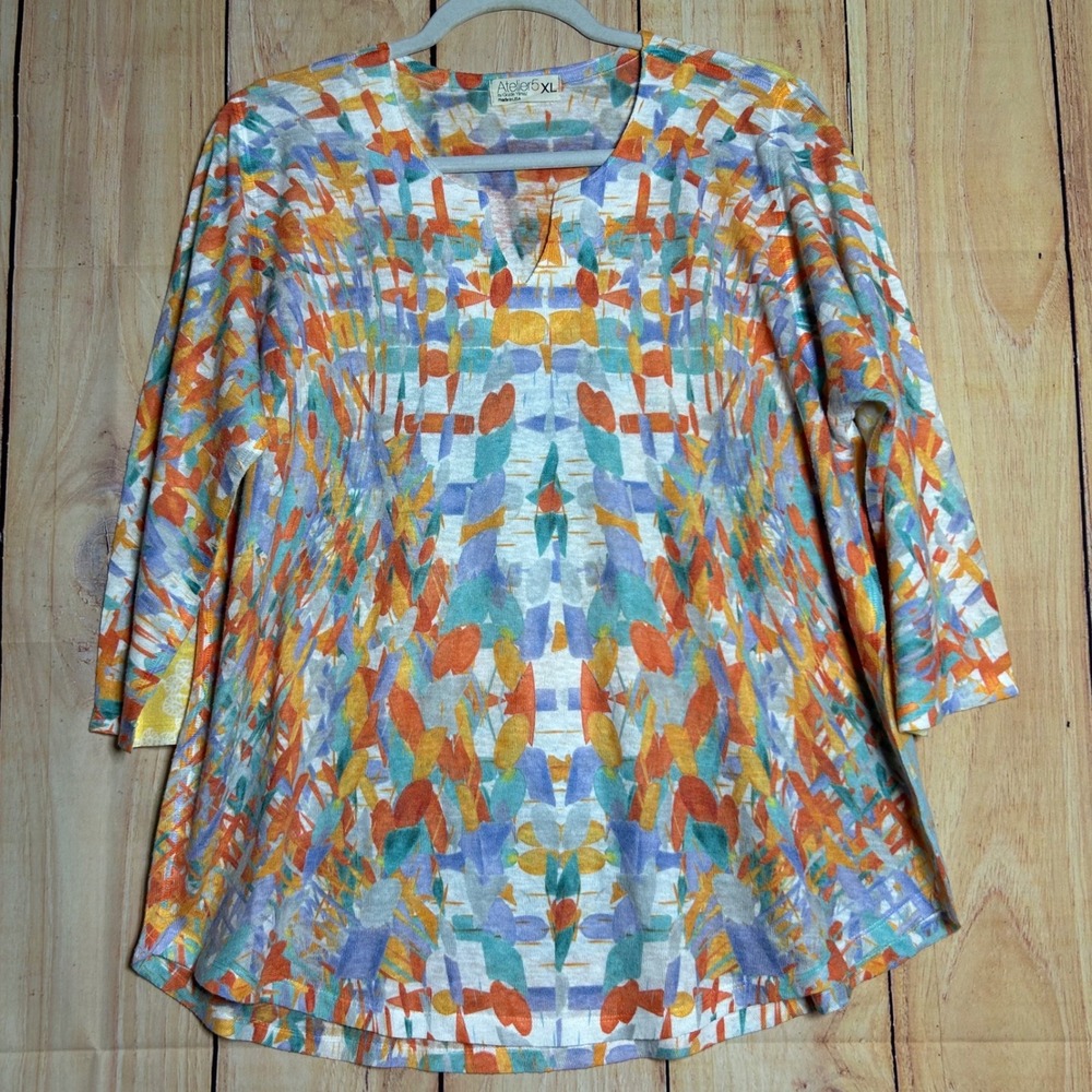 Atelier5 Top Women XL Multicolor Abstract Mandala 3/4 Sleeve Art to Wear Boho